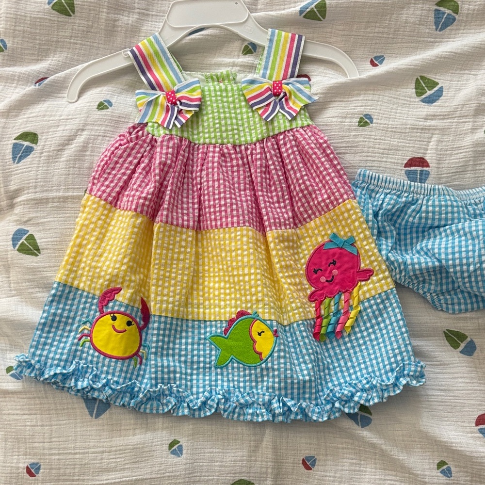 Colorful Gingham Baby Dress with Sea Creatures